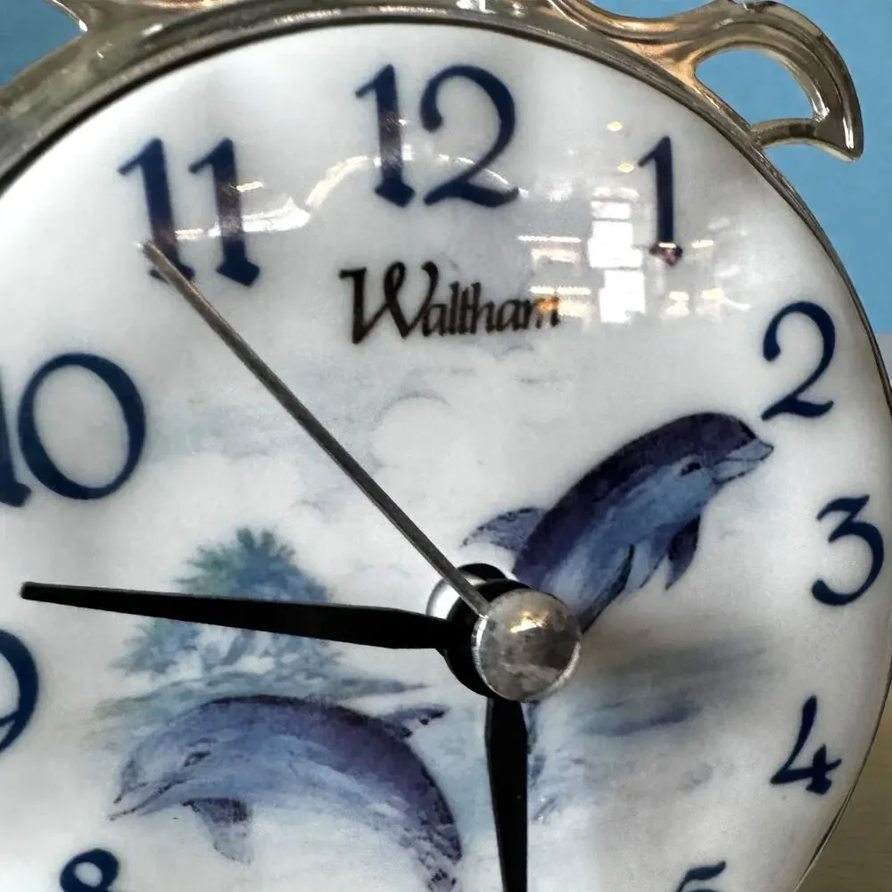 Waltham Dolphin Anniversary Clock Blue White Porcelain Glass Dome Quartz